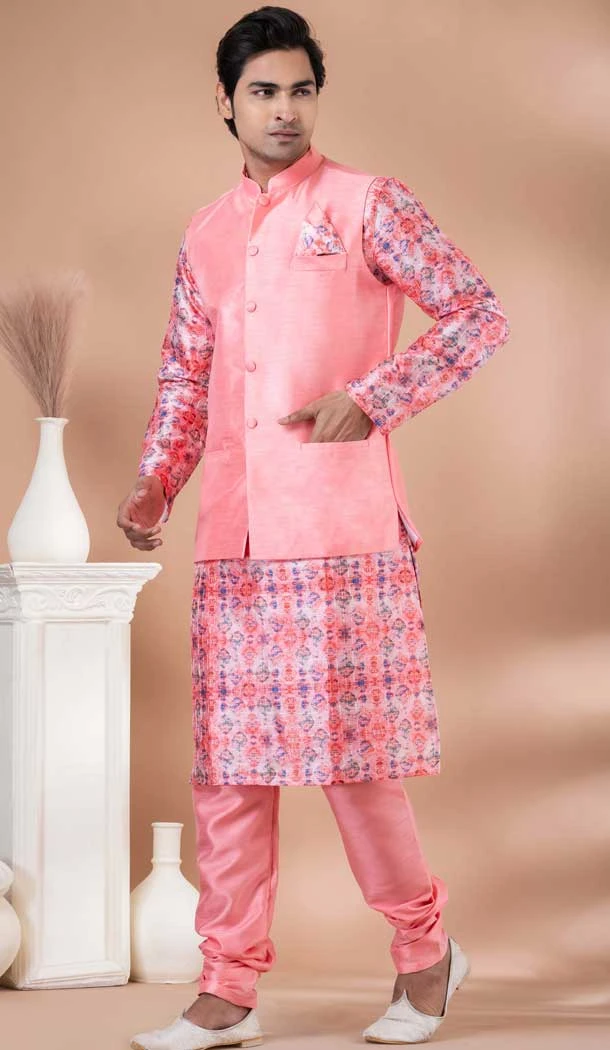 Multi Color Silk Digital Printed Part Wear Designer Mens Kurta With Jacket - 12144205831