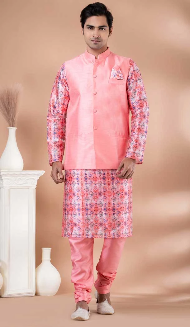 Multi Color Silk Digital Printed Part Wear Designer Mens Kurta With Jacket - 12144205831