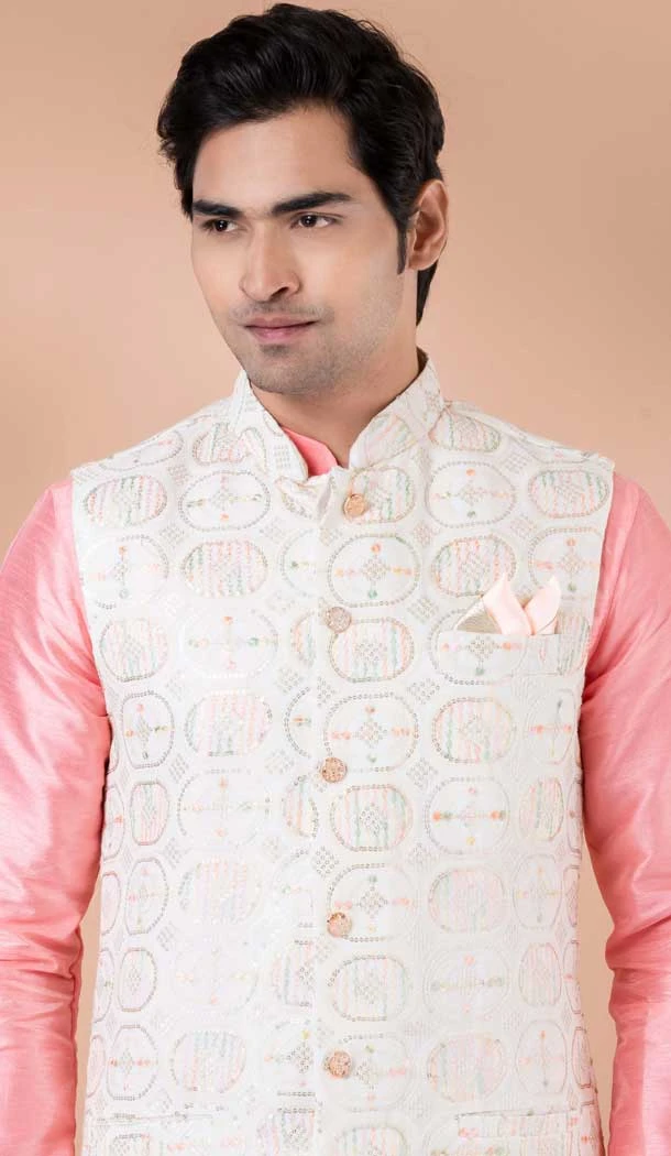 Pink Digital Printed Banarasi Silk Part Wear Mens Kurta With Jacket - 12144205832