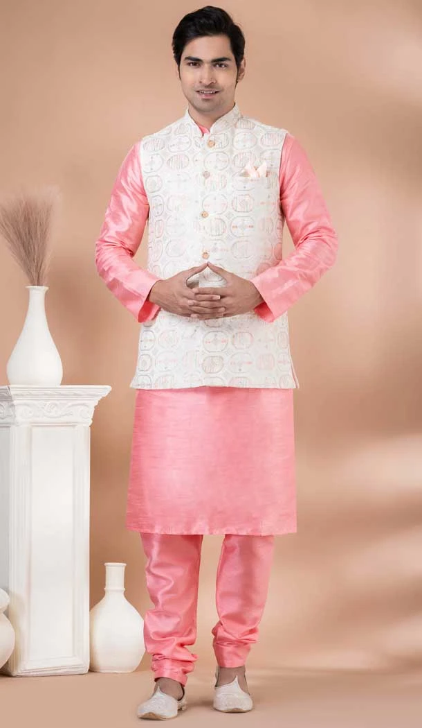 Pink Digital Printed Banarasi Silk Part Wear Mens Kurta With Jacket - 12144205832
