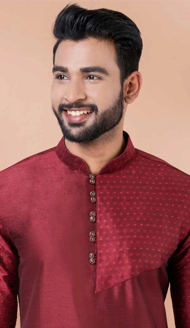 Maroon Viscose Weaving Work Party Wear Mens Kurta Pajama - 12115205420