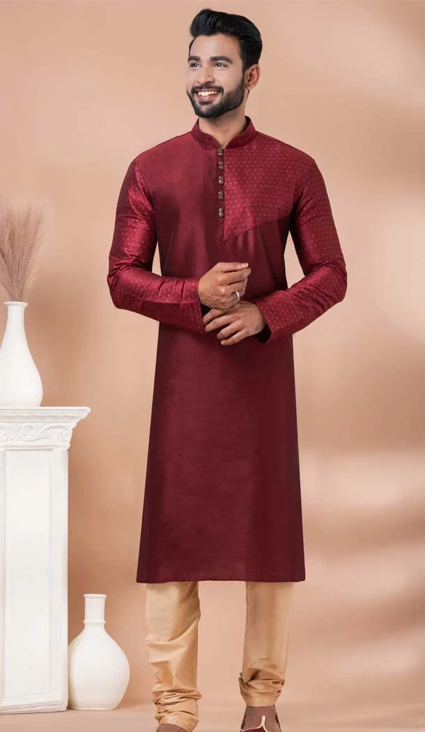 Maroon Viscose Weaving Work Party Wear Mens Kurta Pajama - 12115205420