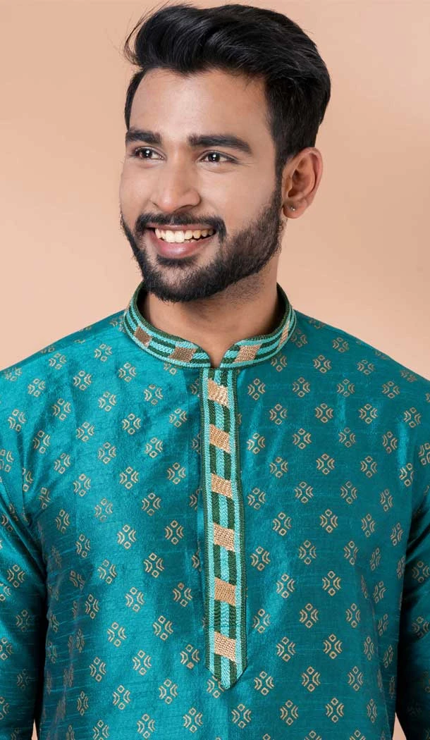 Rama Green Banarasi Dupion Weaving Work Party Wear Mens Kurta Pajama - 12115205422