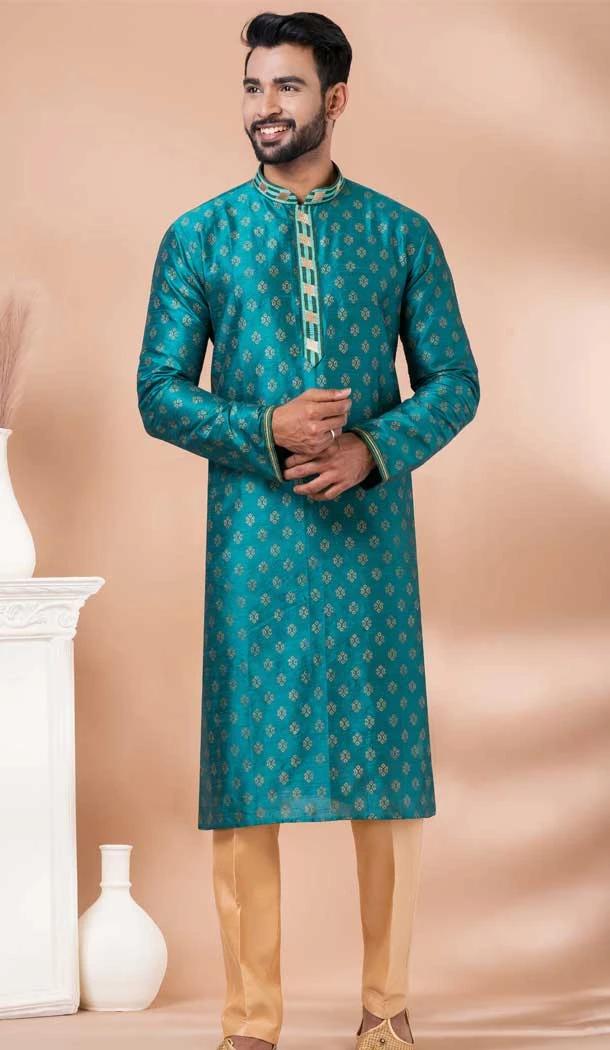 Rama Green Banarasi Dupion Weaving Work Party Wear Mens Kurta Pajama - 12115205422