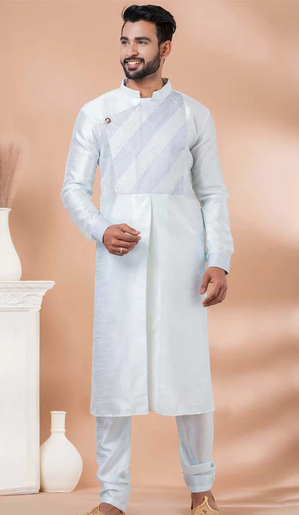 Sky Blue Banarasi Dupion Weaving Work Party Wear Mens Kurta Pajama - 12115205423
