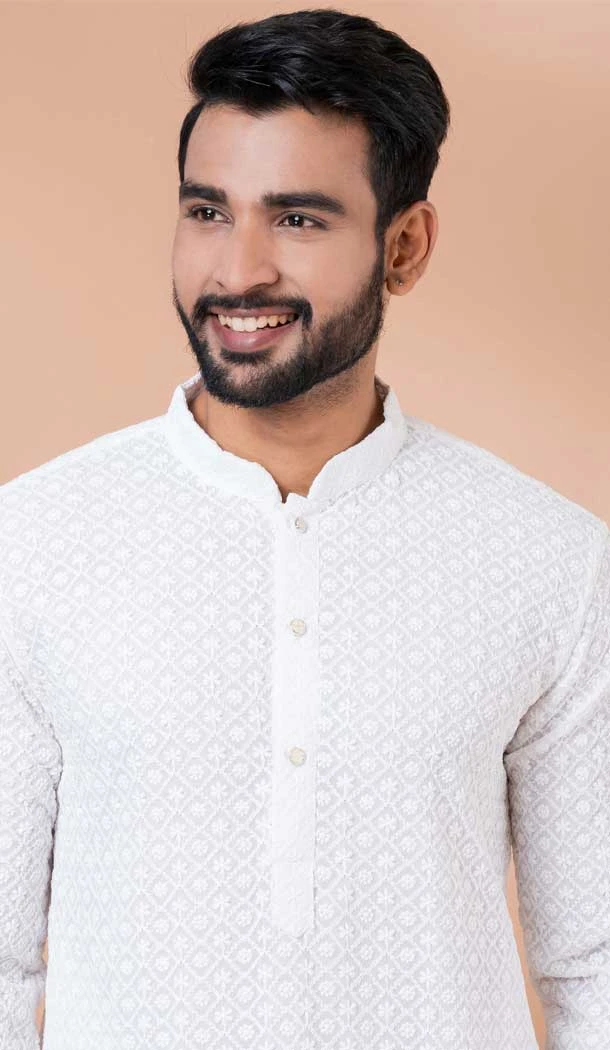 White Georgette Weaving Work Party Wear Mens Kurta Pajama - 12115205424
