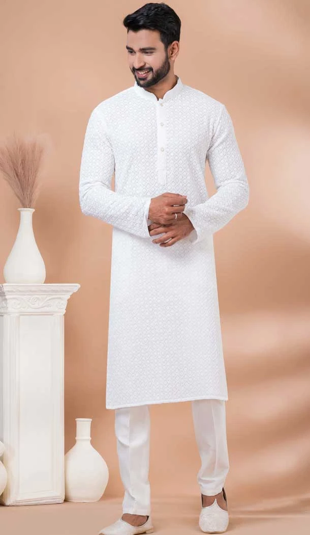 White Georgette Weaving Work Party Wear Mens Kurta Pajama - 12115205424