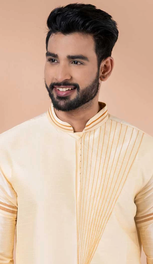 Cream Banarasi Dupion Weaving Work Party Wear Mens Kurta Pajama - 12115205425
