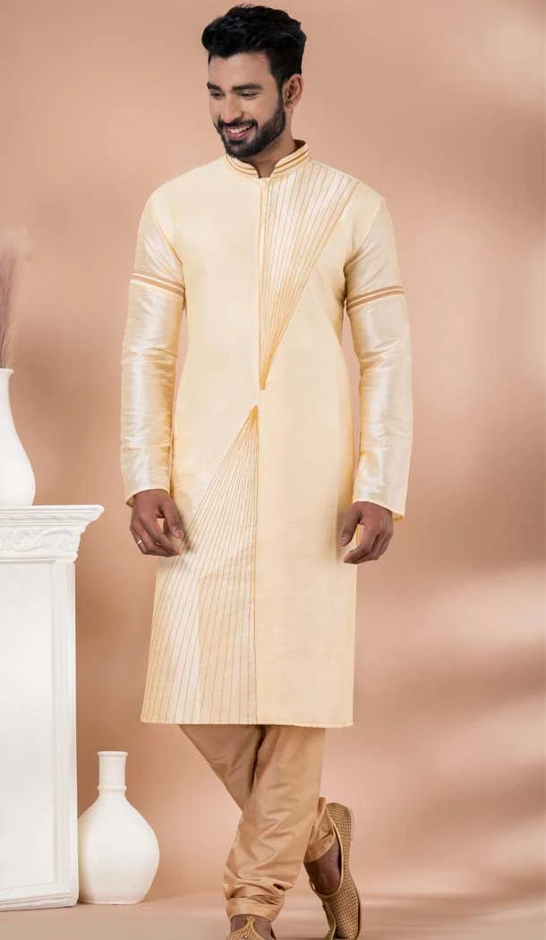 Cream Banarasi Dupion Weaving Work Party Wear Mens Kurta Pajama - 12115205425