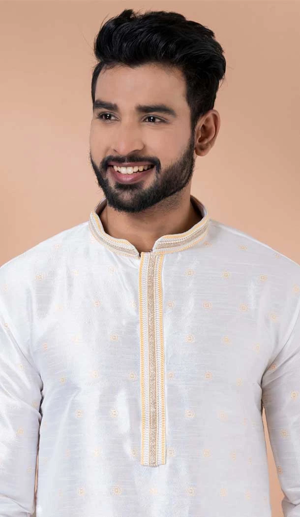 White Jacquard Weaving Work Party Wear Mens Kurta Pajama - 12115205426