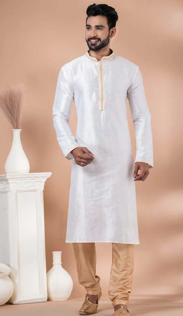 White Jacquard Weaving Work Party Wear Mens Kurta Pajama - 12115205426