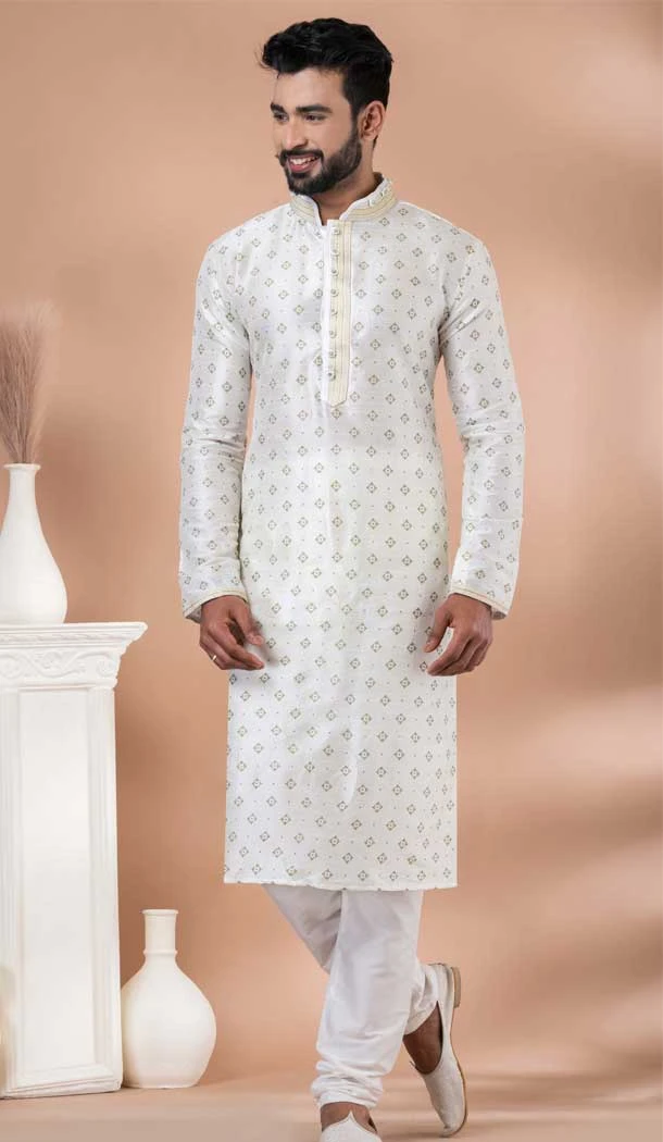 Off White Banarasi Dupion Weaving Work Party Wear Mens Kurta Pajama - 12115205427