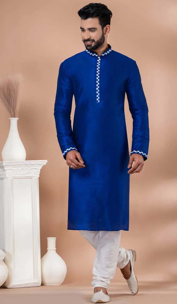 Royal Blue Banarasi Dupion Weaving Work Party Wear Mens Kurta Pajama - 12115205428