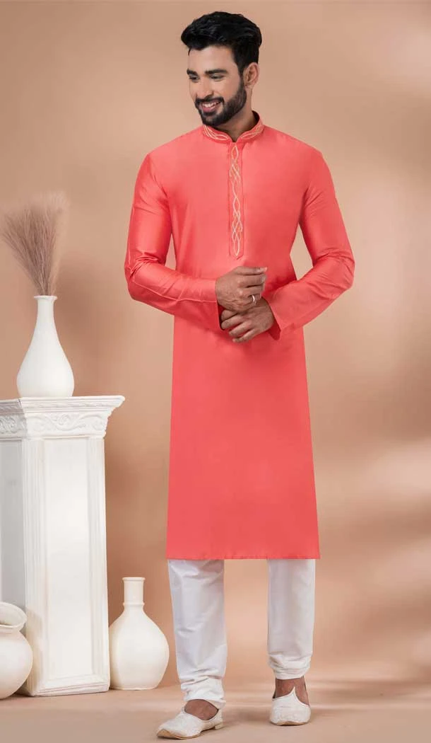 Rani Pink Viscose Weaving Work Party Wear Mens Kurta Pajama - 12115205429