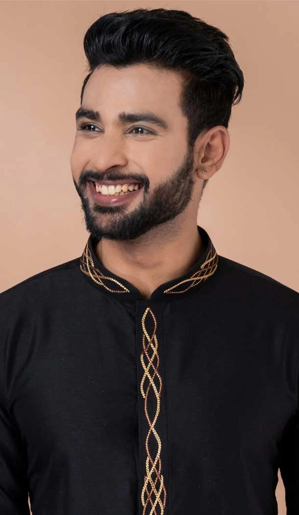 Black Viscose Weaving Work Party Wear Mens Kurta Pajama - 12115205430