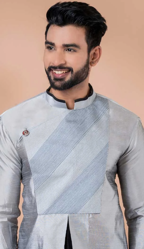 Grey Banarasi Dupion Weaving Work Party Wear Mens Kurta Pajama - 12115205431
