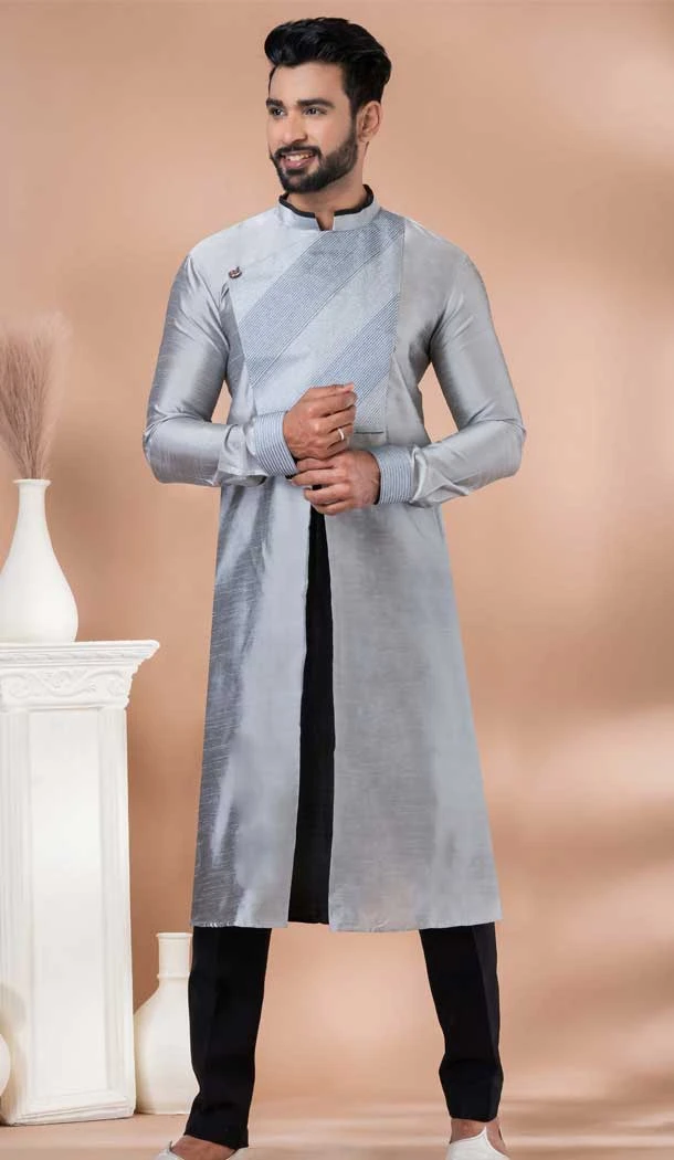 Grey Banarasi Dupion Weaving Work Party Wear Mens Kurta Pajama - 12115205431