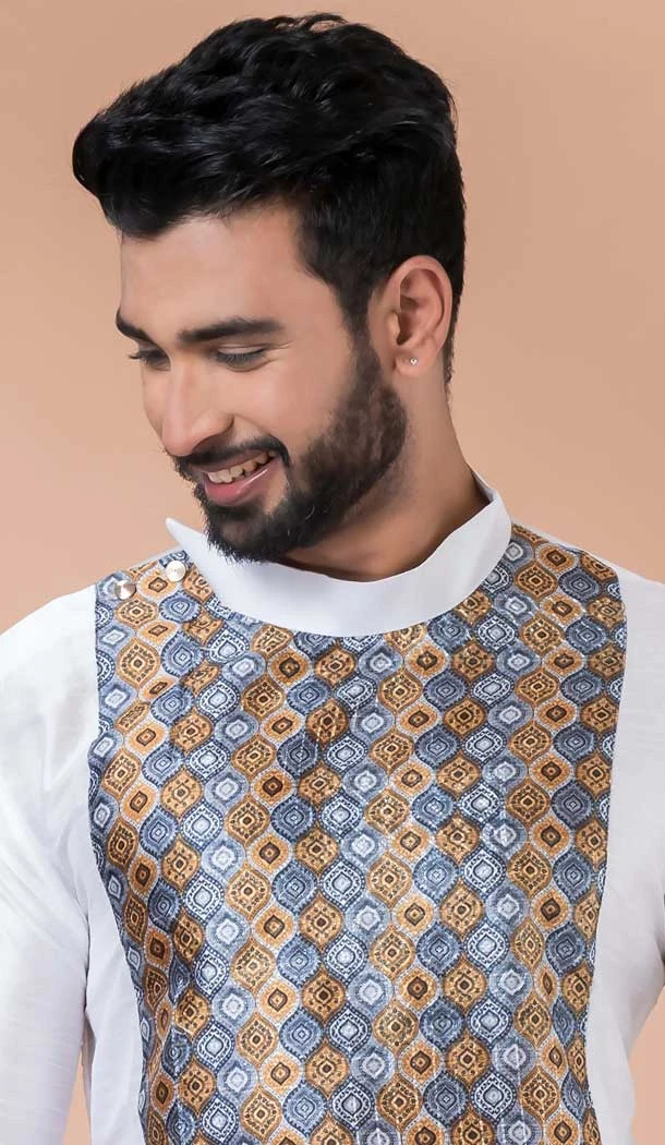 White Cotton Weaving Work Party Wear Mens Kurta Pajama - 12115205432