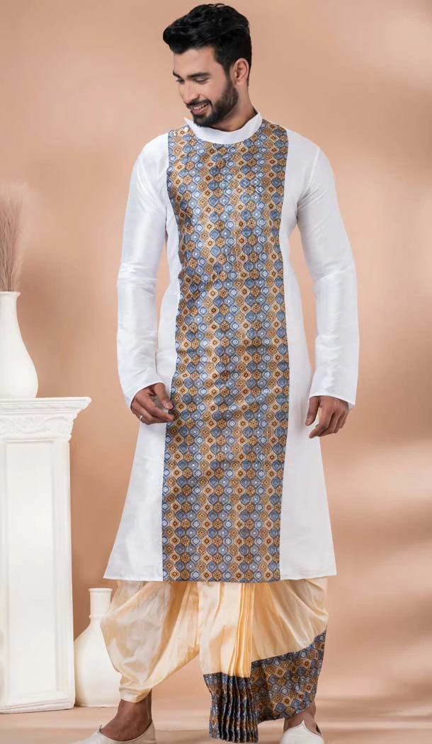 White Cotton Weaving Work Party Wear Mens Kurta Pajama - 12115205432