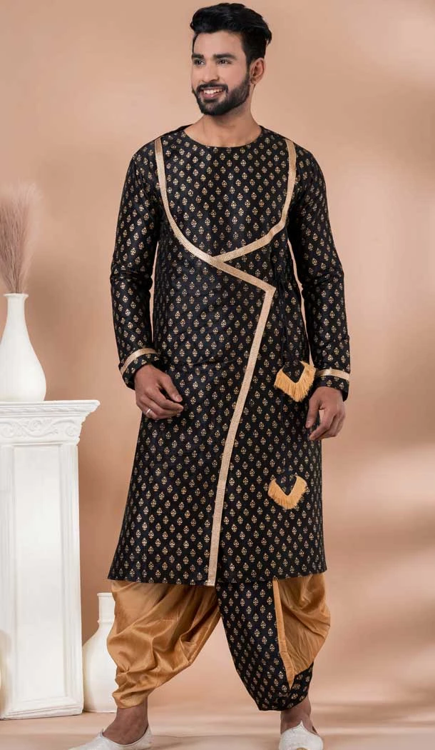 Black Banarasi Dupion Weaving Work Party Wear Mens Kurta Pajama - 12115205433