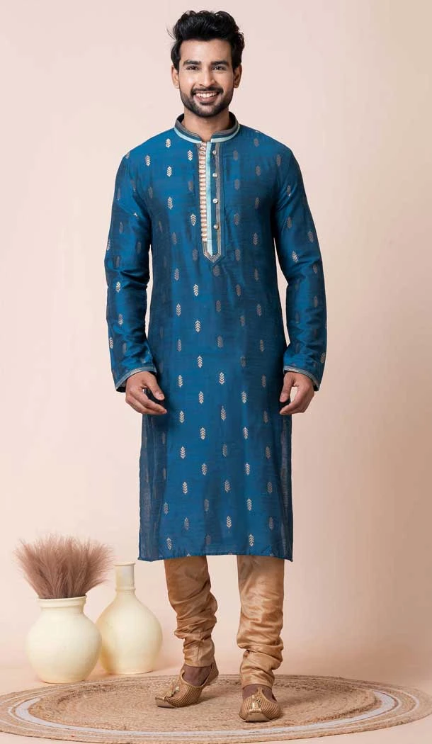 Blue Jacquard Silk Printed Festival Wear Mens Kurta Pajama - 12116205434