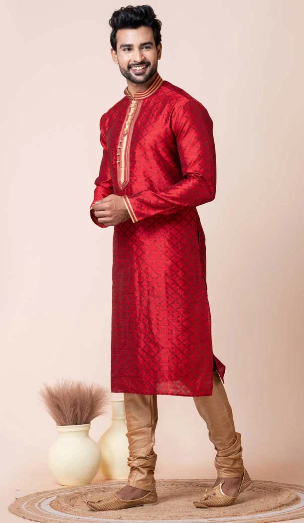 Red Silk Printed Festival Wear Mens Kurta Pajama - 12116205435