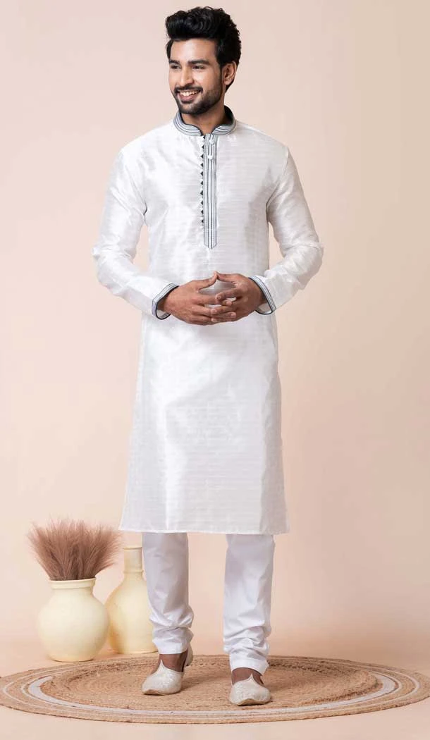 White Silk Printed Festival Wear Mens Kurta Pajama - 12116205436