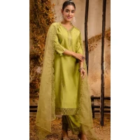 Women Viscose Roman Silk Party Wear Salwar Suit Mehndi Green Embroidery - 12174206193