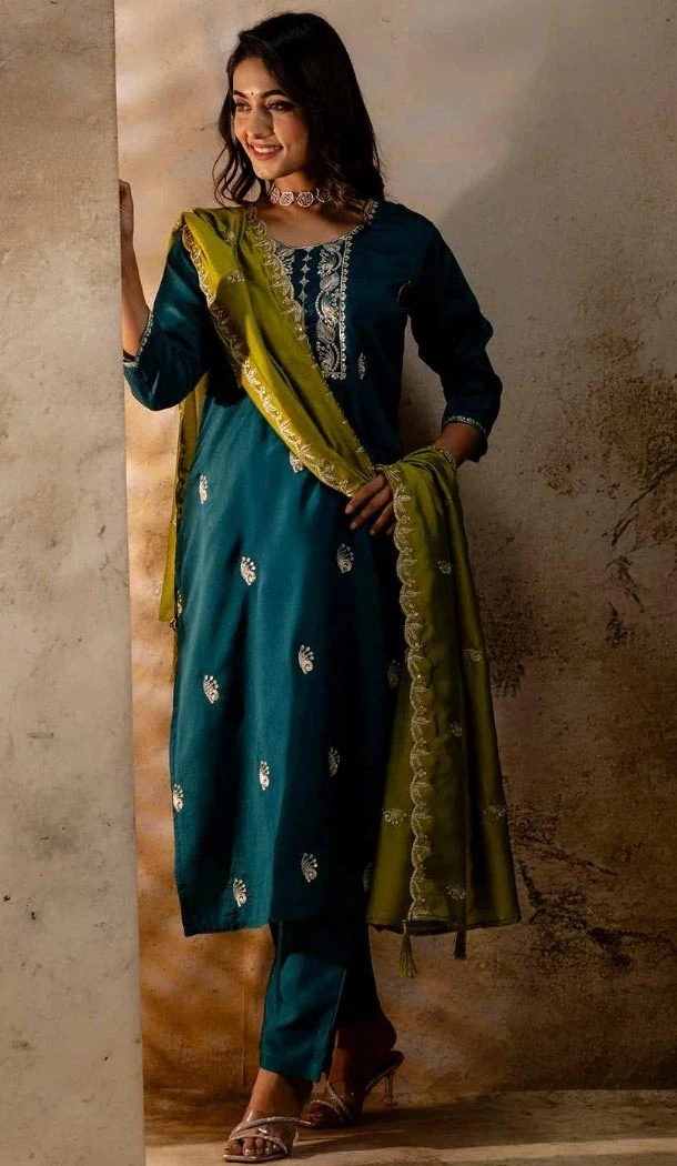 Women Party Wear Salwar Suit Rama Blue Embroidery Silk Blend - 12174206198 Women Party Wear Salwar Suit Rama Blue Embroidery Silk Blend - 12174206198