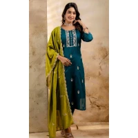 Women Party Wear Salwar Suit Rama Blue Embroidery Silk Blend - 12174206198