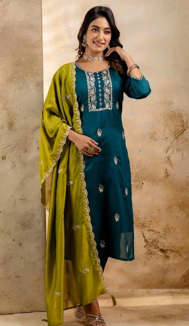 Women Party Wear Salwar Suit Rama Blue Embroidery Silk Blend - 12174206198 Women Party Wear Salwar Suit Rama Blue Embroidery Silk Blend - 12174206198