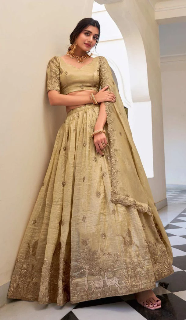 Women Beige Party Lehenga Choli Gold Crush Embroidery - 12197206415 Women Beige Party Lehenga Choli Gold Crush Embroidery - 12197206415
