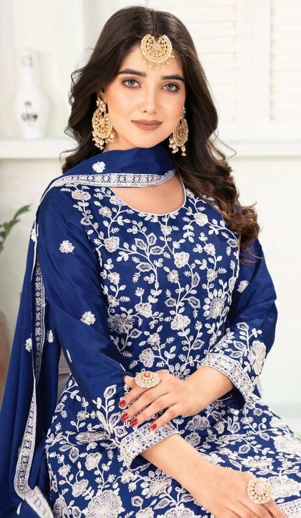 Women Palazzo Suit Pure Heavy Chinnon Silk Heavy Embroidery Work Royal Blue - 12212206493