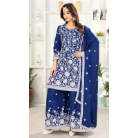 Women Palazzo Suit Pure Heavy Chinnon Silk Heavy Embroidery Work Royal Blue - 12212206493
