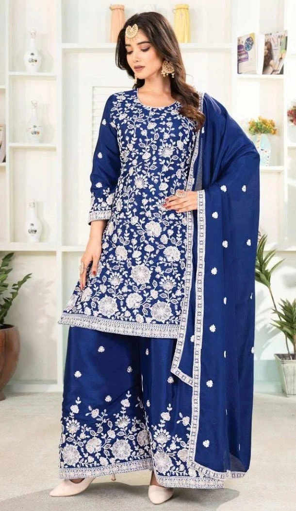 Women Palazzo Suit Pure Heavy Chinnon Silk Heavy Embroidery Work Royal Blue - 12212206493