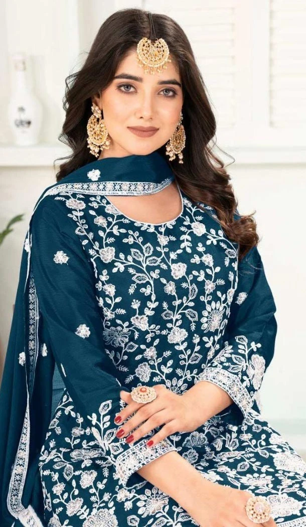 Women Pure Heavy Chinnon Silk Heavy Embroidery Work Palazzo Suit Teal Blue - 12212206494 Women Pure Heavy Chinnon Silk Heavy Embroidery Work Palazzo Suit Teal Blue - 12212206494