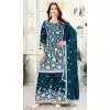 Women Pure Heavy Chinnon Silk Heavy Embroidery Work Palazzo Suit Teal Blue Plus Size