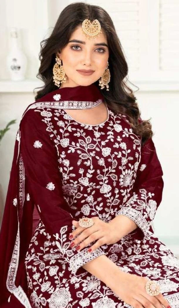 Women Palazzo Suit Maroon Pure Heavy Chinnon Silk Heavy Embroidery Work - 12212206495