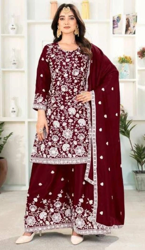 Women Palazzo Suit Maroon Pure Heavy Chinnon Silk Heavy Embroidery Work - 12212206495