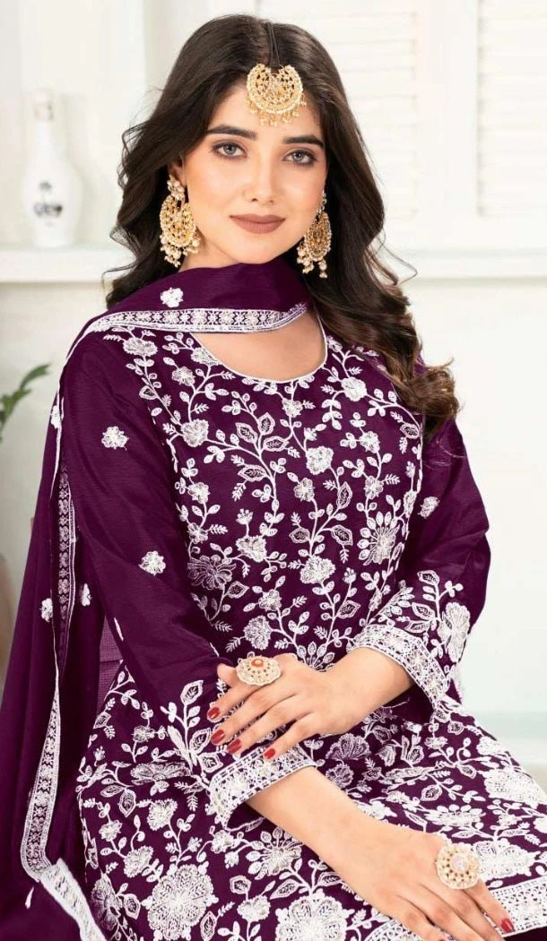 Women Heavy Embroidery Work Wine Palazzo Suit Pure Heavy Chinnon Silk - 12212206496 Women Heavy Embroidery Work Wine Palazzo Suit Pure Heavy Chinnon Silk - 12212206496