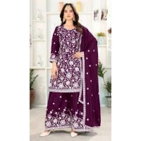 Women Heavy Embroidery Work Wine Palazzo Suit Pure Heavy Chinnon Silk - 12212206496
