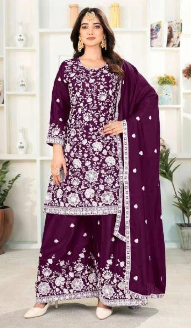 Women Heavy Embroidery Work Wine Palazzo Suit Pure Heavy Chinnon Silk - 12212206496 Women Heavy Embroidery Work Wine Palazzo Suit Pure Heavy Chinnon Silk - 12212206496