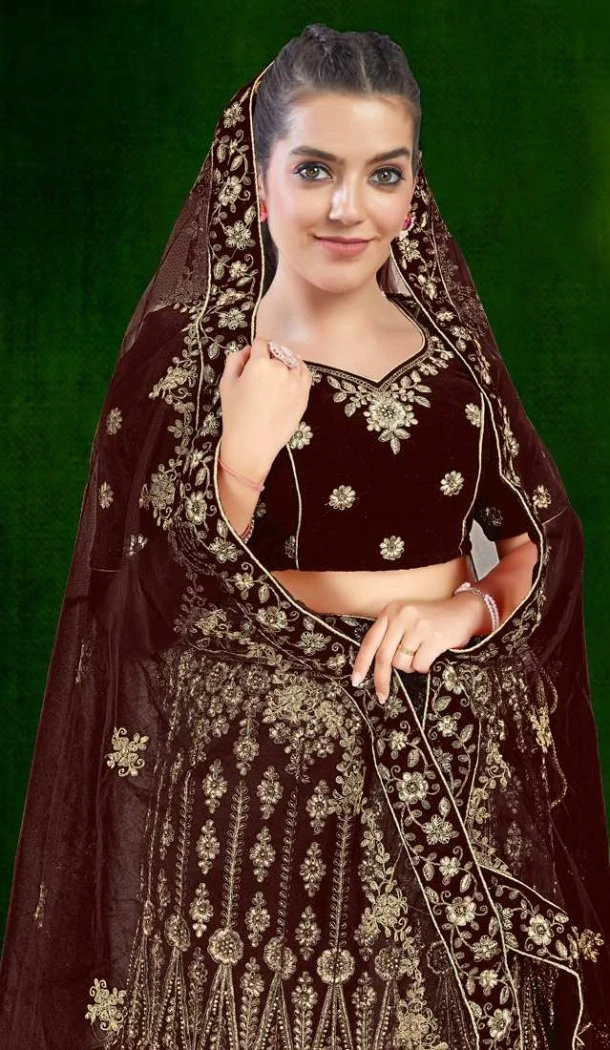 Women Stone Work Wedding Lehenga Embroidery Dark Brown - 12242206635 Women Stone Work Wedding Lehenga Embroidery Dark Brown - 12242206635
