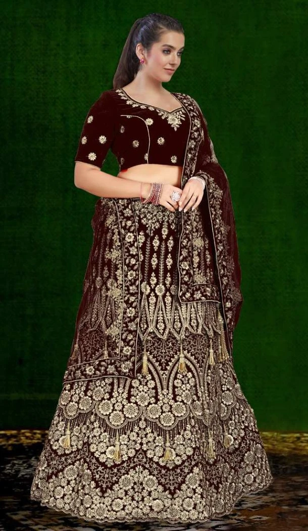 Women Stone Work Wedding Lehenga Embroidery Dark Brown - 12242206635 Women Stone Work Wedding Lehenga Embroidery Dark Brown - 12242206635