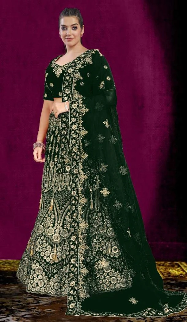 Women Embroidery Green Wedding Lehenga Velvet - 12242206636 Women Embroidery Green Wedding Lehenga Velvet - 12242206636