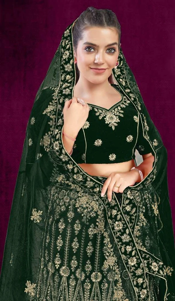 Women Embroidery Green Wedding Lehenga Velvet - 12242206636 Women Embroidery Green Wedding Lehenga Velvet - 12242206636