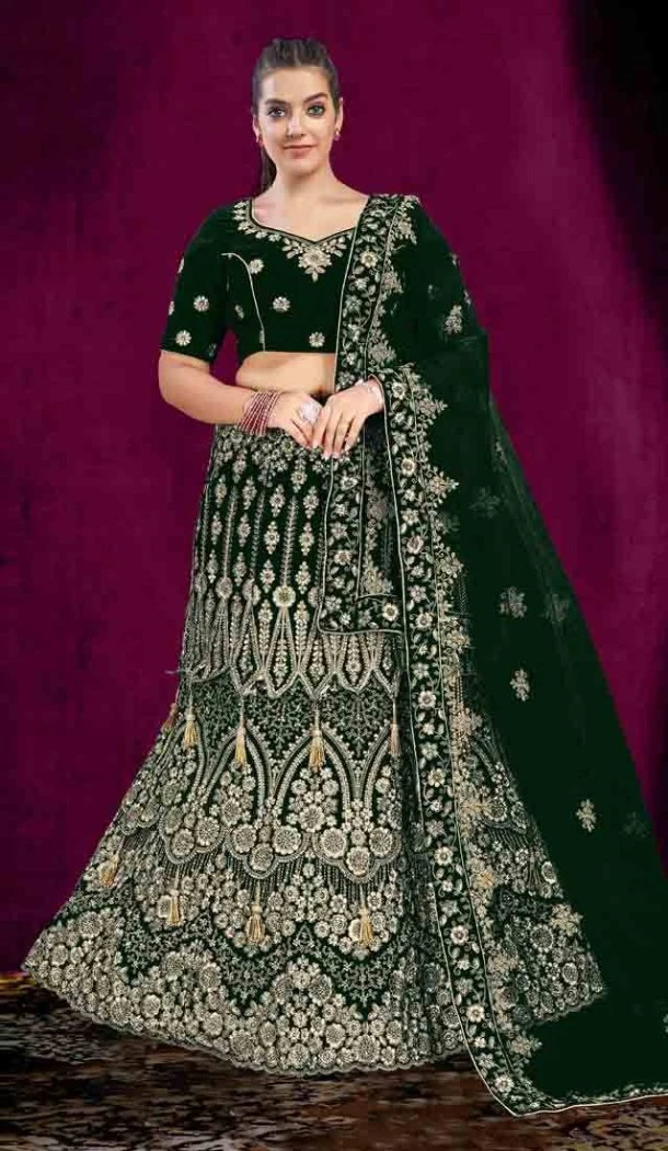 Women Embroidery Green Wedding Lehenga Velvet - 12242206636 Women Embroidery Green Wedding Lehenga Velvet - 12242206636