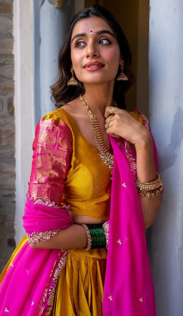 Women Mustard Narayana Pattu Embroidery Party Lehenga Choli - 12256206710