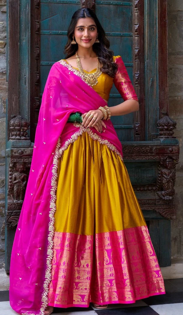 Women Mustard Narayana Pattu Embroidery Party Lehenga Choli - 12256206710