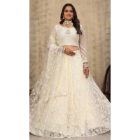 Net Party Lehenga Choli Cream Embroidery - 12243206641